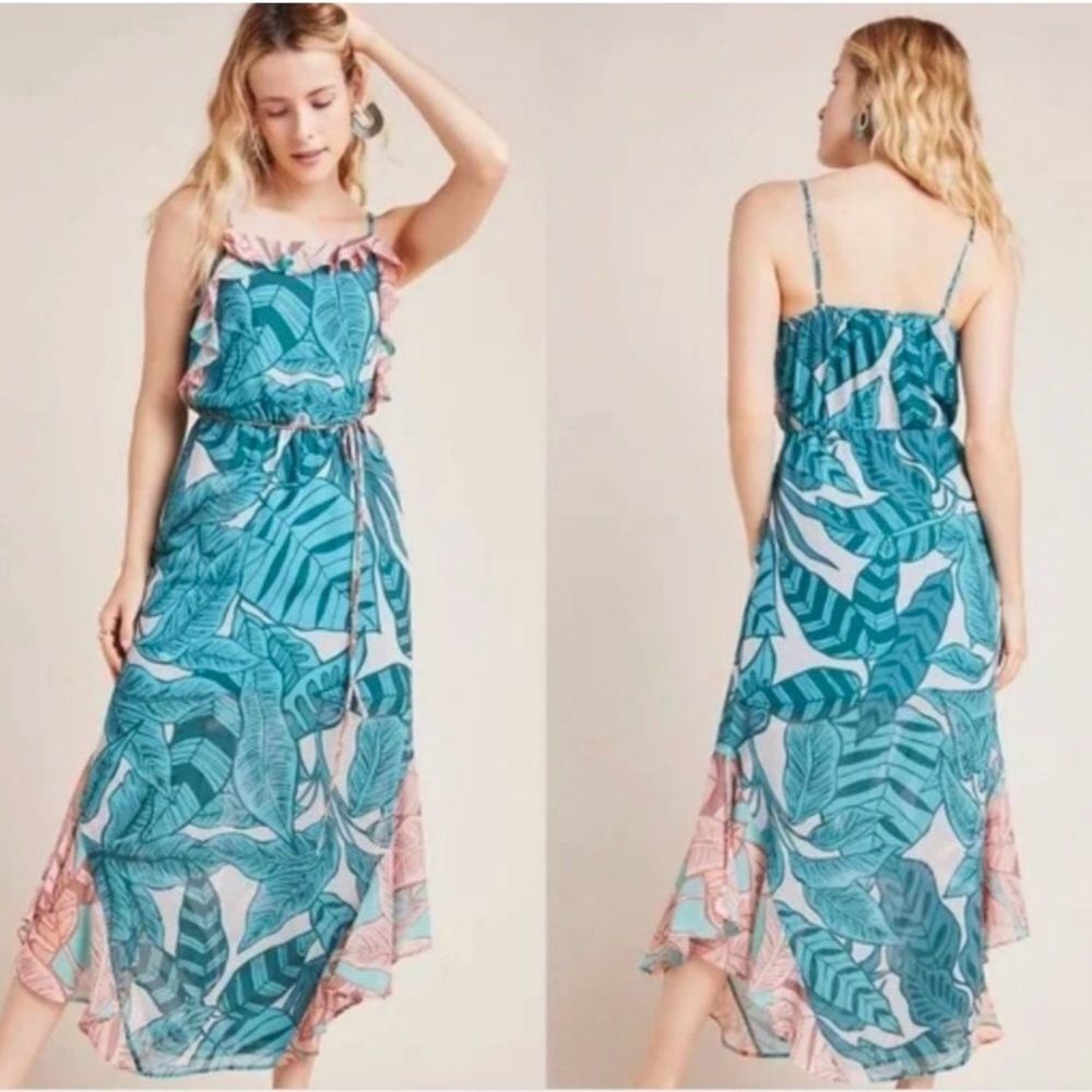 Anthropologie FARM Rio Ruffled Botanical Maxi Dress Leaf Print Teal Pink Size LP